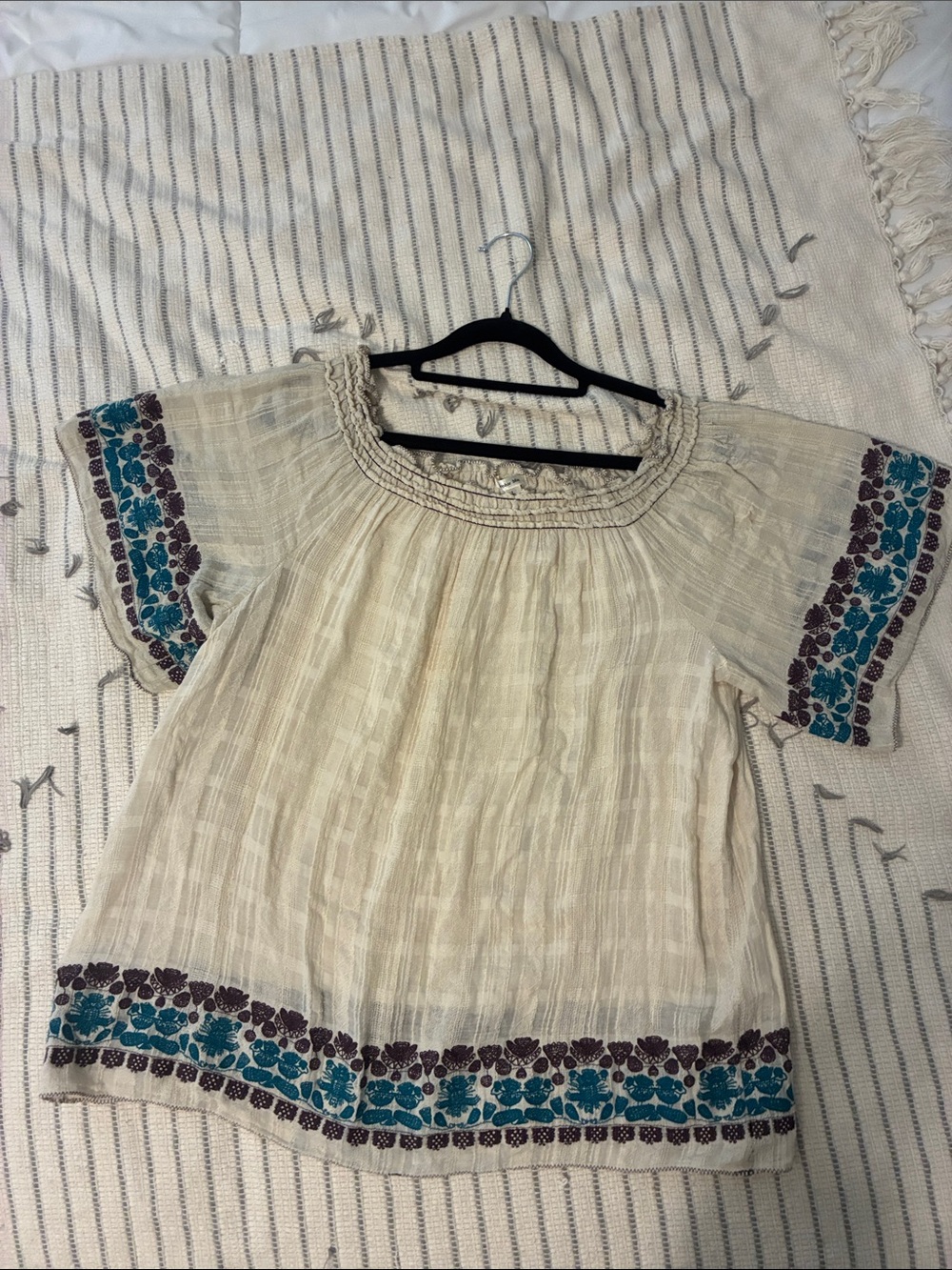 Sophie Max Cream Peasant Cotton Top with Teal & Brown Embroidery